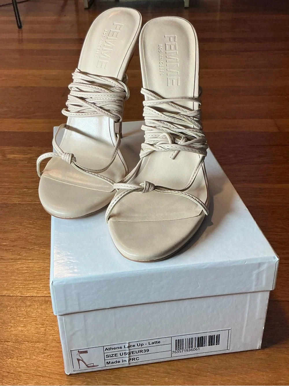 FEMME LA Nude Wrap-Strap Stiletto Sandals
